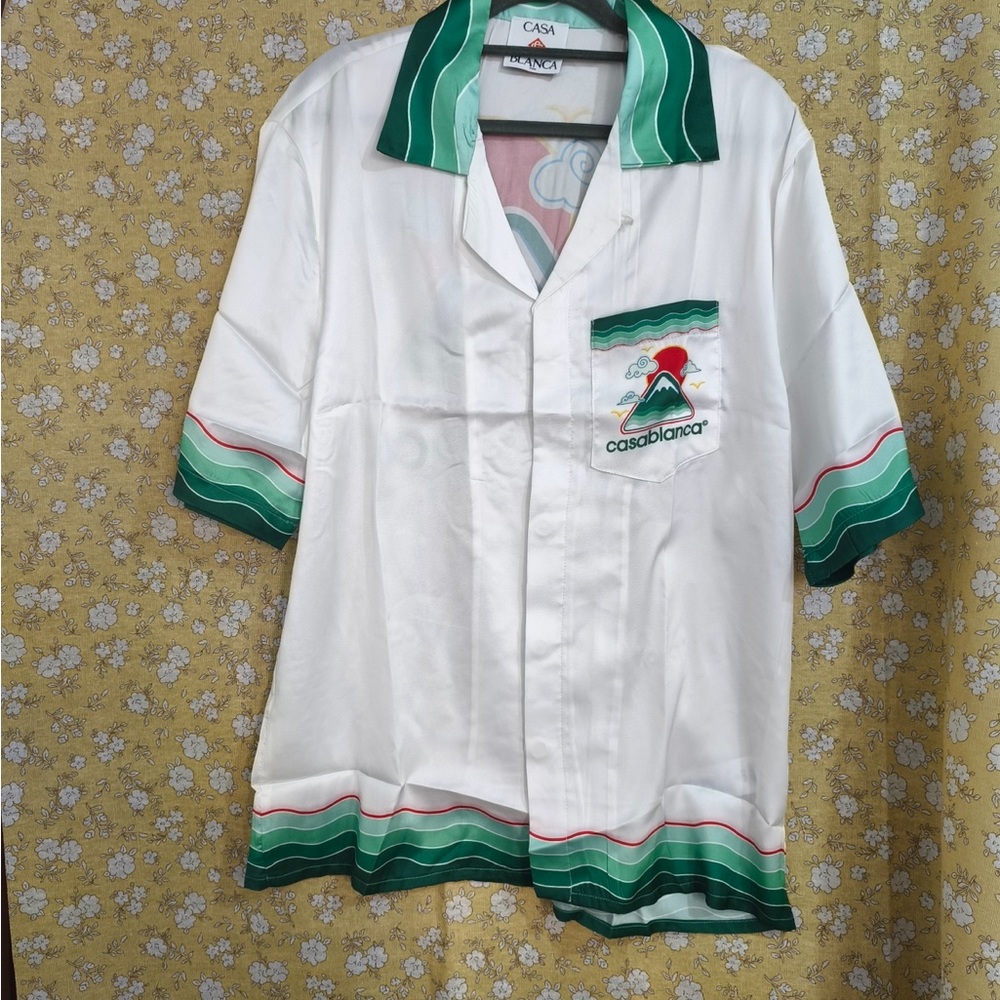 Casablanca White Short-Sleeve Button-Down Shirt with Green Trim